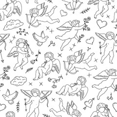 Vector seamless elegant, minimalistic pattern with cupids, hearts and flowers. Hand drawn monochrome background in retro style for Valentine's Day cards, declarations of love, for fabrics, packaging, 