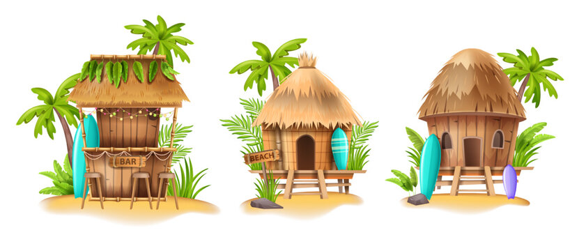 Beach shack house, vector bamboo hut bar, surfboard, Hawaiian surfing bungalow, tropical plants. Summer cartoon island building, straw roof, exotic vacation camping. Beach shack seashore sand clipart