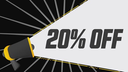 20 percent off. Megaphone in promotion banner. Advertising, marketing speech. 4K video animation