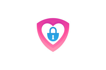 Shield logo with combination of heart shape and key padlock inside in simple design style