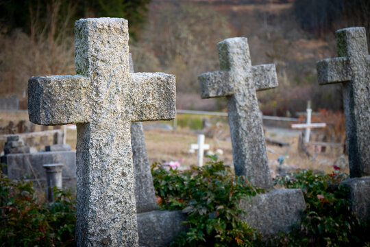 An image of two large weathered stone crosses in an old cemetery. 