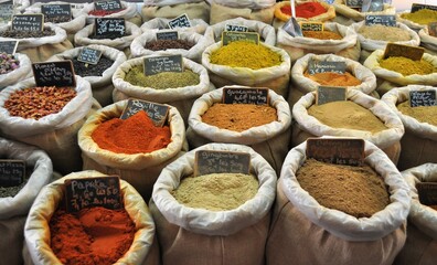 Spices in the market at L'Isle-Sur-la-Sorgue France