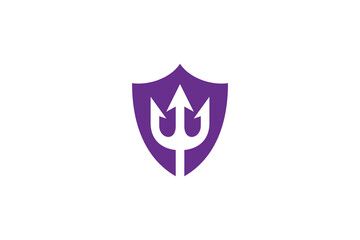 Shield logo with trident shape in purple color flat design