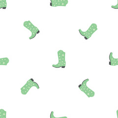 Cowboy boots with ornament seamless pattern. Wild west theme. Hand drawn colored trendy vector illustration on white background