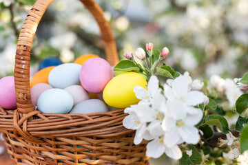Close up of colorful Easter eggs in a basket