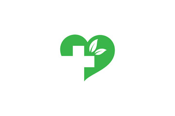Heart logo with combination of medical cross and leaf in green color design