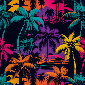 Florida pattern, illustrator,  black purple orange blue pink green color palette Generative AI