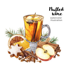 Watercolor illustration of Christmas mulled white wine, recipe set isolated on transparent background. Glass of mulled red wine, fruits and spices. Christmas composition set.