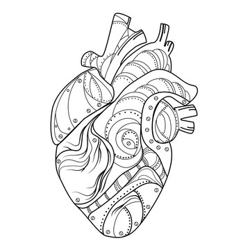 Abstract mechanical human heart in steampunk style Line art drawing vector illustration.Surrealist Stylized human heart black and white sketch drawing.Emblem,card,logo,print,tattoo design 