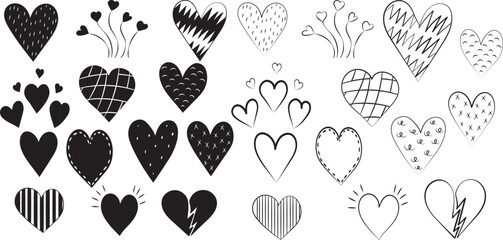 doodle hearts set sketch ,contour on white background isolated vector