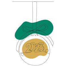 christmas ball 2023 sketch continuous line drawing, vector
