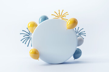 Background New Year fireworks and balloons on blue background, Copy space, 3d render.