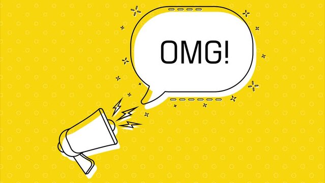 Omg. Megaphone and yellow speech bubble with quote. Blog management. Concept poster for social networks, advertising, banner. Flat design. 4K animation