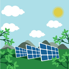 Solar panel with plant leaves sun and clouds sustainability flat design illustration portrait