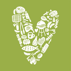 Vector heart-shaped grill set hand-drawn in doodle style