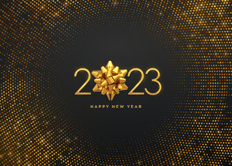 Happy New 2023 Year. Golden metallic luxury numbers 2023 with golden gift bow on shimmering background. Greeting card. Bursting backdrop with glitters. Festive poster or banner. Vector illustration.