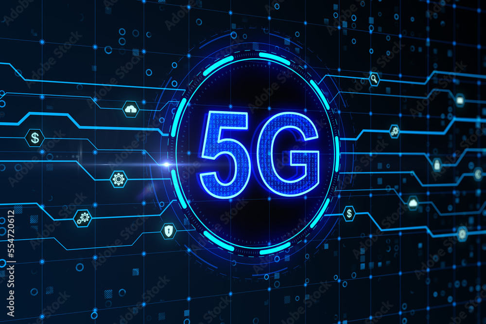 Aufkleber glowing 5g hologram on blurry background. 5g network concept, high speed mobile internet, new genera