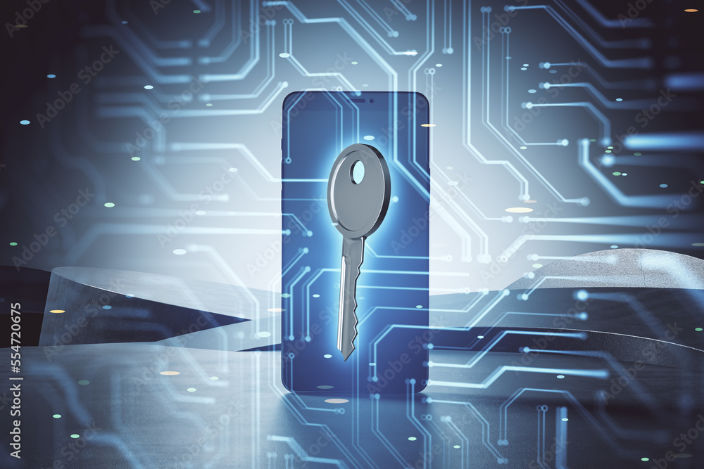 Poster Close up of cellphone with abstract circuit and key hologram on blurry background. Security and tech lock concept. Double exposure.
