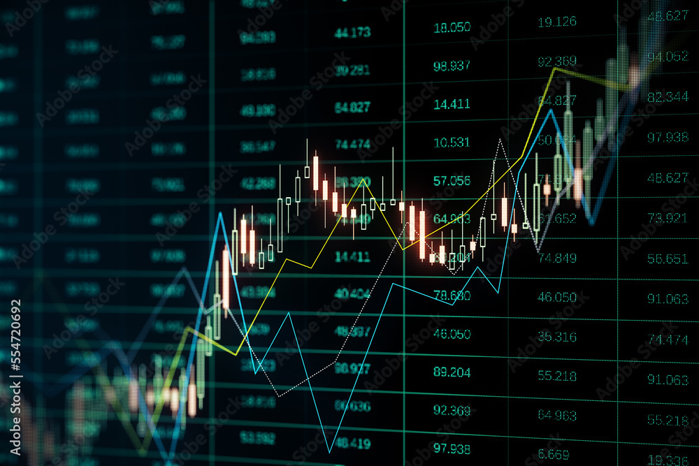 Poster glowing forex index chart/graph on dark background. trade, finance and market concept. 3d rendering.