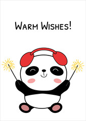Greeting card with baby panda with sparklers in paws vector illustration. Doodle panda bear character wearing earmuffs. Warm wishes 
