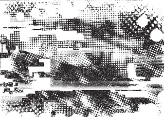 Obraz premium Glitch distorted geometric shape . Noise destroyed logo . Trendy defect error shapes . Glitched frame .Grunge textured . Distressed effect .Vector shapes with a halftone dots screen print texture.