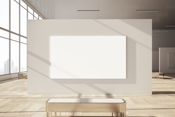 Modern gallery interior with empty white mock up banner on light wall installation, windows with city view and daylight. Museum and exhibition concept. 3D Rendering.