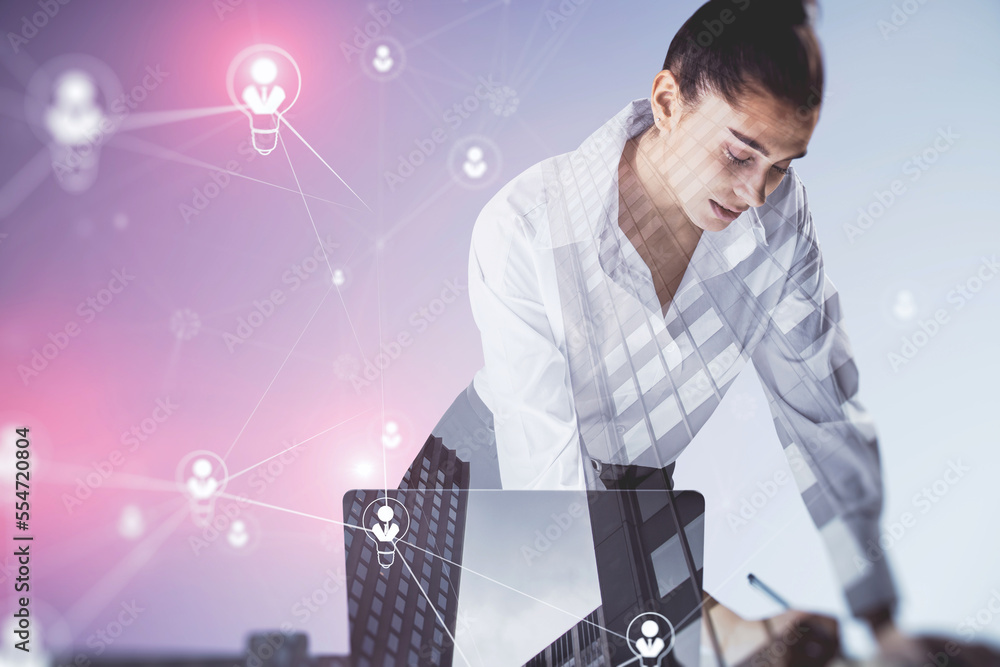 Aufkleber Data information and social network concept with digital user symbols connected by lines on handsome working woman and skyscrapers background, double exposure