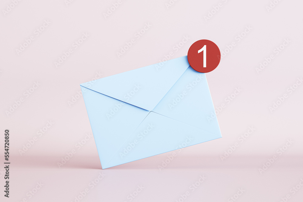 Aufkleber Newsletter or message concept with front view on white email paper envelope with white unit in red circle on the corner on light pink background. 3D rendering