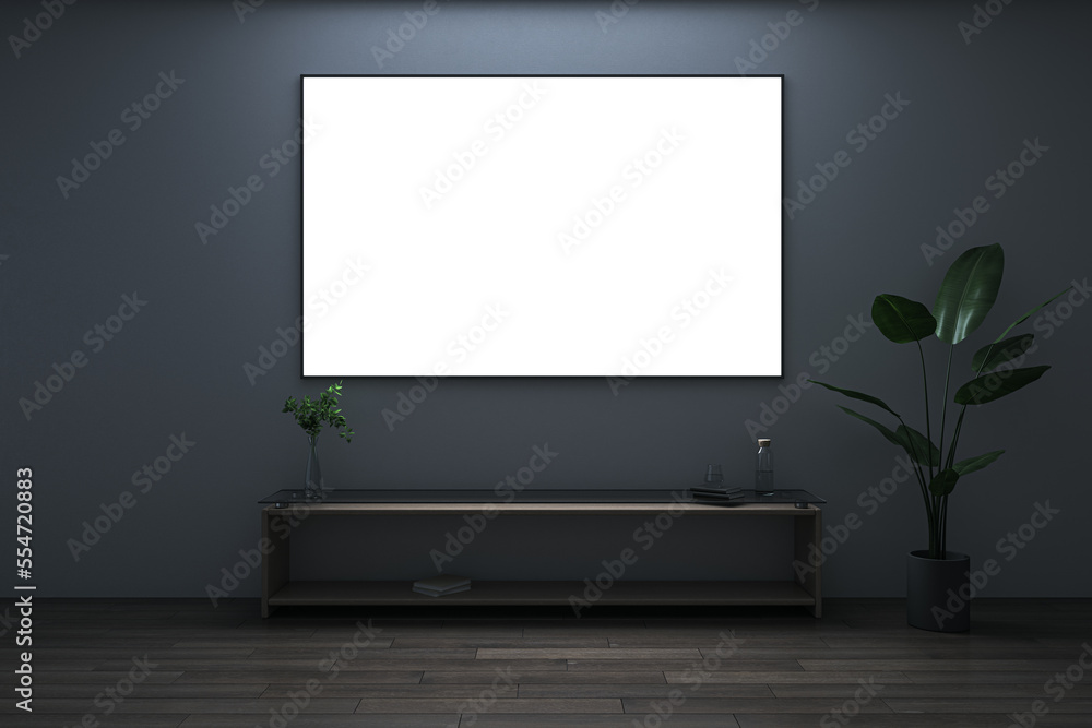 Poster front view on bright blank white poster with space for your logo or text on black wall background in