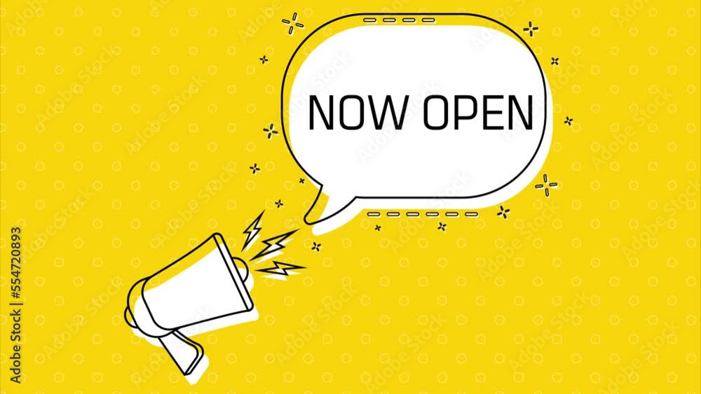 Poster now open. megaphone and yellow speech bubble with quote. blog management. concept poster for social 