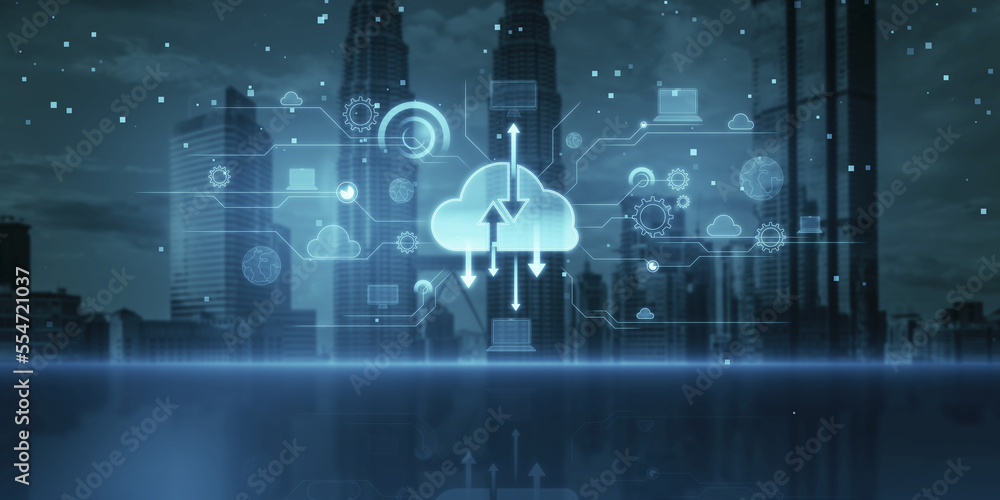 Poster digital cloud computing hologram on blurry city background. cloud data, server, service and hosting 