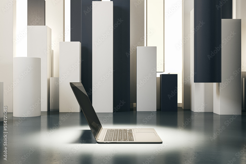Poster close up of laptop in spotlight placed on abstract geometric background. product and device presenta