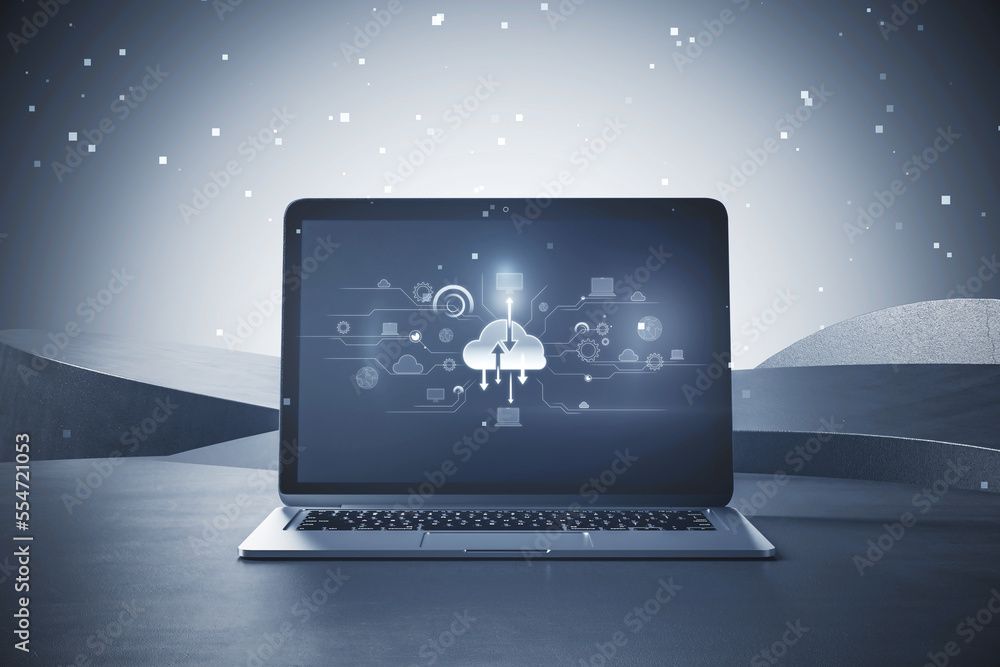 Aufkleber Close up of laptop with digital cloud computing hologram on blurry background. Cloud data, server, service and hosting concept. 3D Rendering.