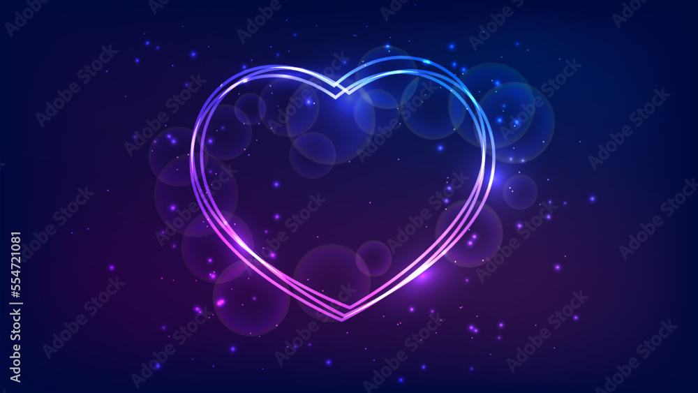 Poster neon frame in heart form with shining effects and sparkles
