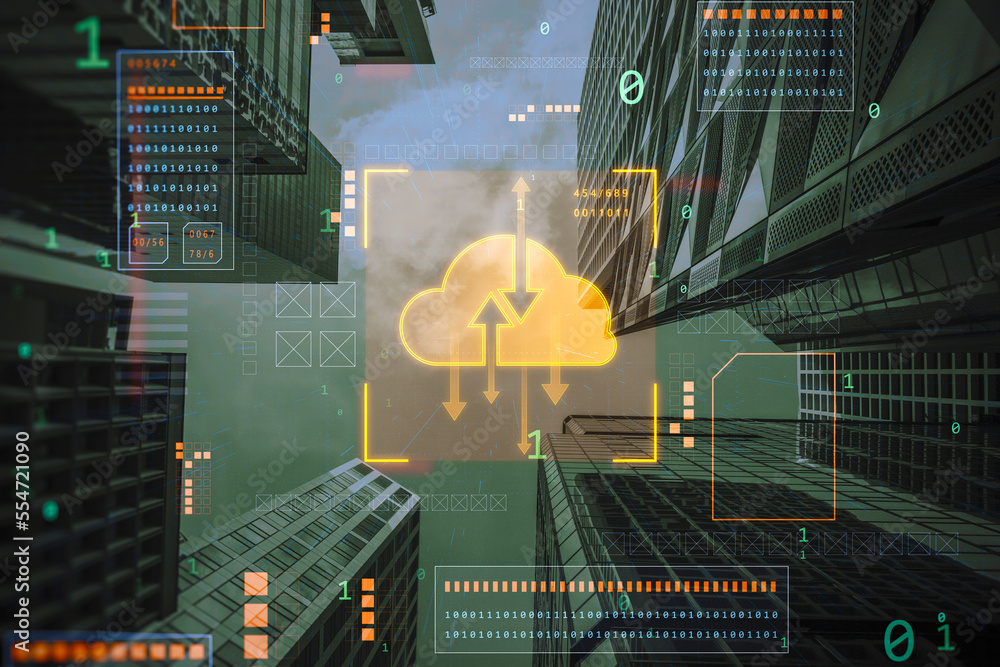 Poster digital cloud computing hologram on blurry background. Cloud data, server, service and hosting concept.