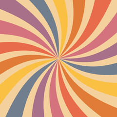 Retro sunburst background pattern with a vintage color palette of yellow, orange, blue, purple, lavender and red in a spiral or swirled radial striped design