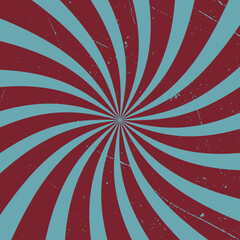 Fototapeta premium Retro sunburst background pattern with a vintage color palette of burgundy and blue in a spiral or swirled radial striped design. Faded paper effect