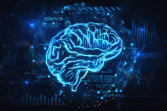 Artificial intelligence virtual emulation scientific technology concept with digital glowing blue human brain with convolutions on dark background with personal areas of life. 3D rendering