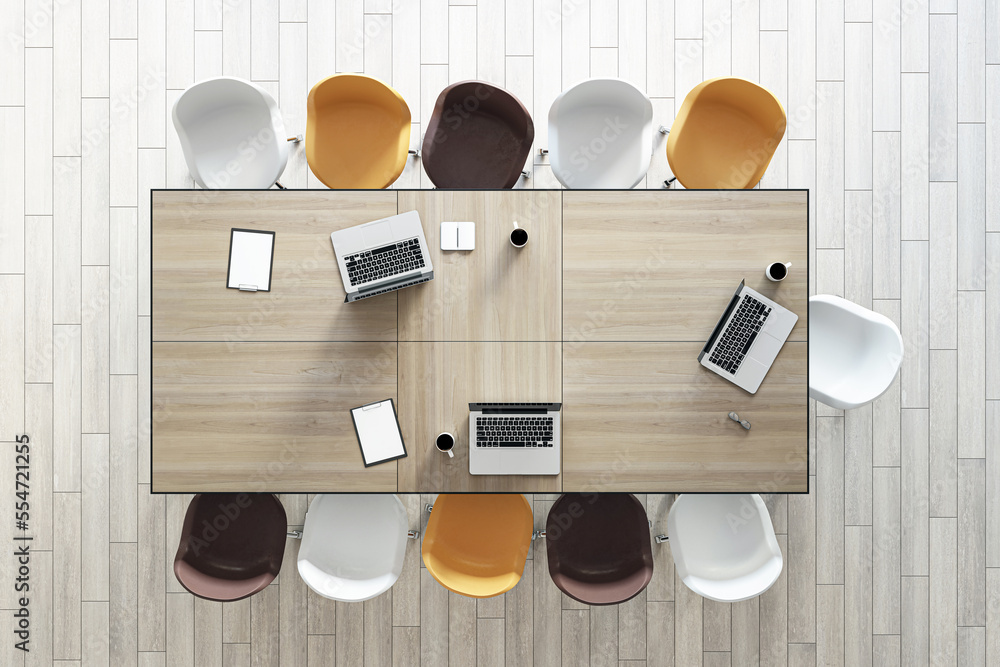 Poster teamwork and brainstorm concept with top view on wooden conference table with laptops and coffee mug