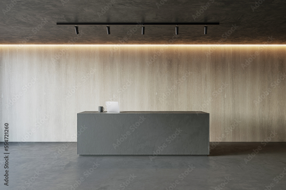 Poster Front view on modern minimalistic reception desk with modern laptop in empty stylish office area, dark lamp on wooden wall background. 3D rendering