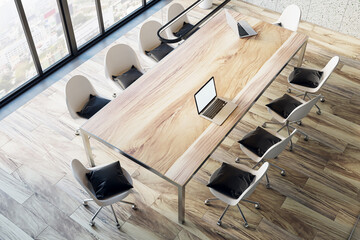 Top view of modern tile conference room interior with wooden flooring, furniture, panoramic glass window with city view. Law and legal, workplace presentation concept. 3D Rendering.