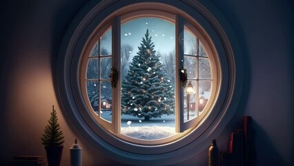 View through window to a christmas tree in the snow
