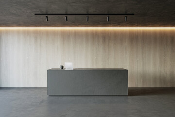 Front view on modern minimalistic reception desk with modern laptop in empty stylish office area,...