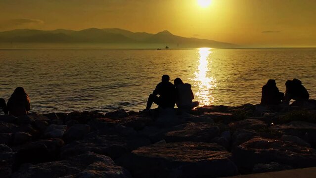 Loving Couple Looking At The Sunset Footage.