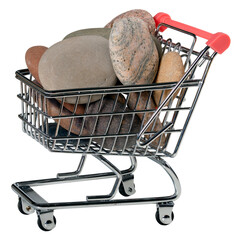 Stones in a supermarket shopping cart. Isolated background.