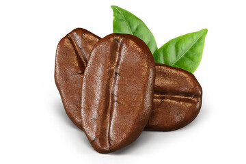 Fresh roasted coffee beans with leaves transparent background high quality details - 3d rendering