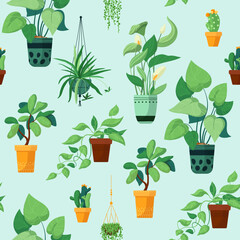 Delicate seamless pattern with indoor plants. Vector illustration on a blue background. Home plants. Cute cactus.