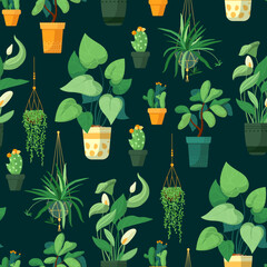 Vector seamless pattern on a dark background. Illustration of houseplants in cartoon style. Stylish pattern.