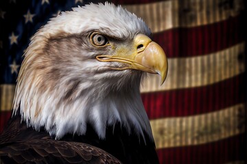 Bald eagle in front of American Flag