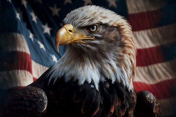 Naklejka premium Bald eagle in front of American Flag, 4th of July